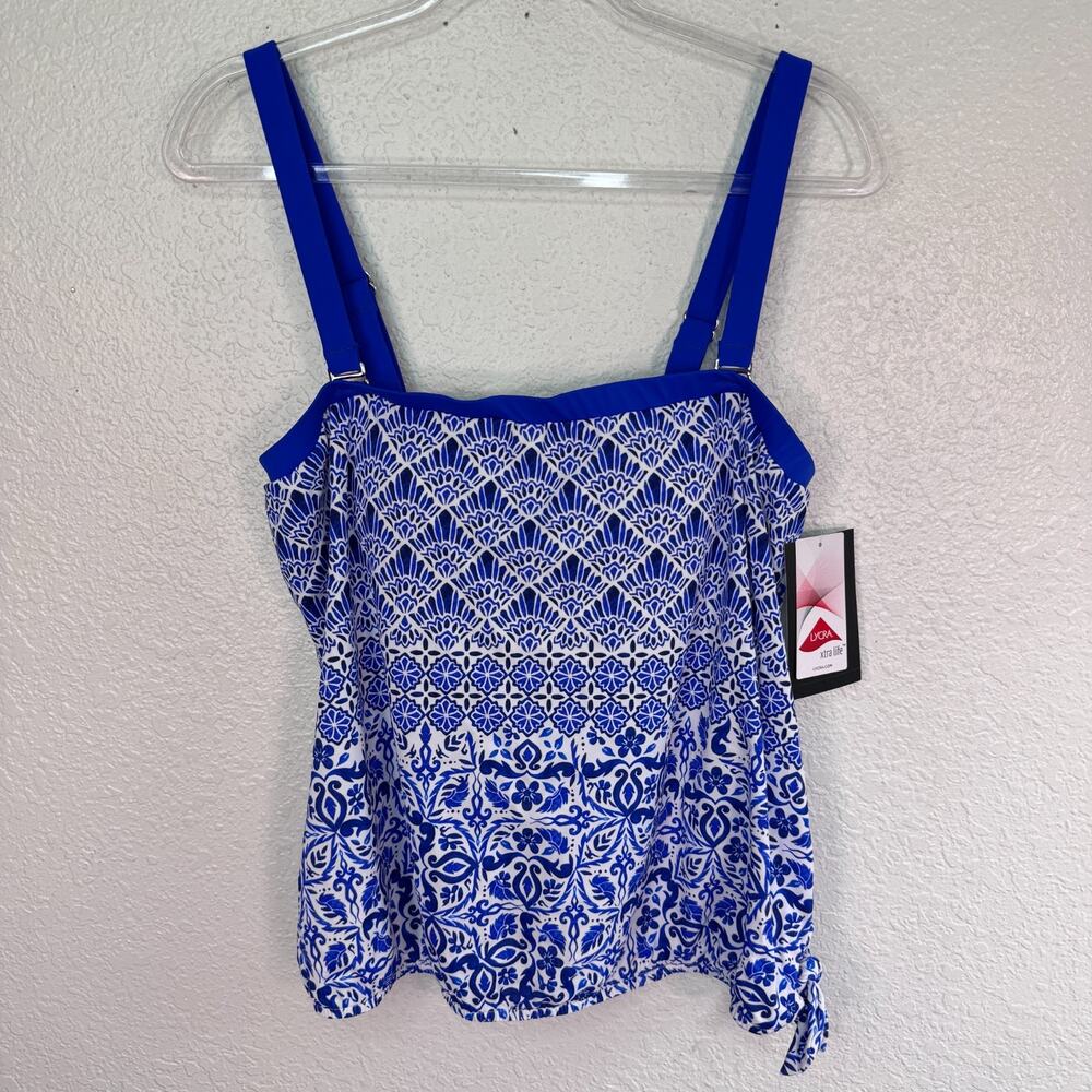 Maxine of Hollywood Tankini Top Womens 14 Blue White Floral Tile Side Tie NEW